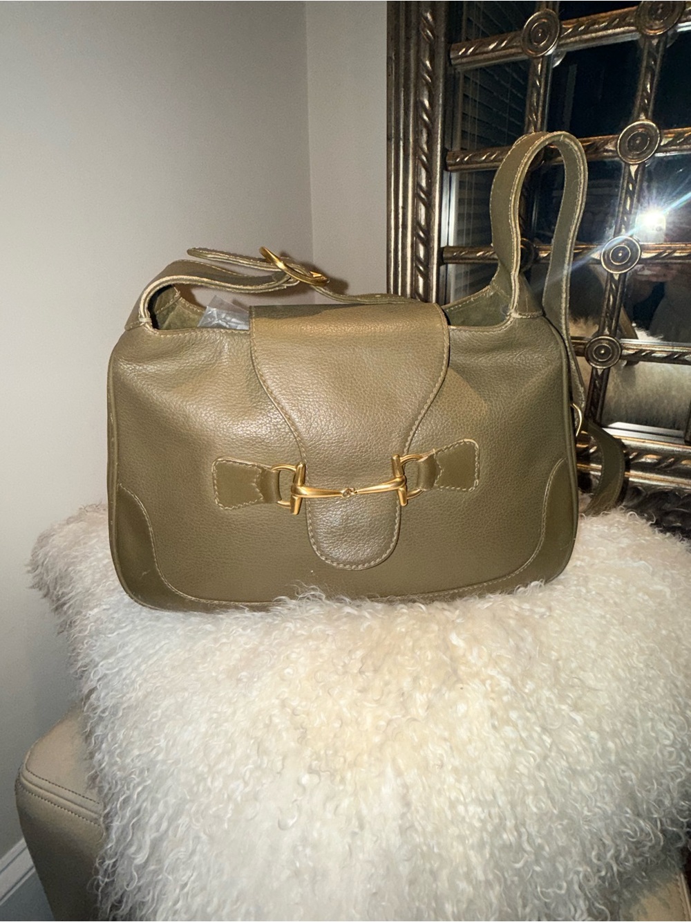 Auth Vintage GUCCI Olive Green Leather Horsebit Flap Bag Y2K Tom Ford